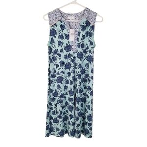 NWT J. Jill Pleated Split Front Knit Shift Dress Floral Aqua Blue Size XS